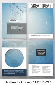 The vector illustration of the editable layout of four A4 format covers with the circle design templates for brochure, magazine, flyer. Chemistry pattern, connecting lines and dots. Medical concept.