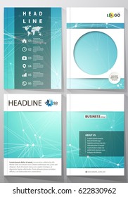 The vector illustration of the editable layout of four A4 format covers with the circle design templates for brochure, magazine, flyer. Futuristic high tech background, dig data technology concept.
