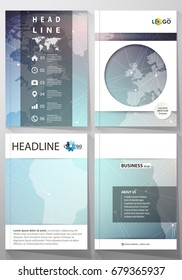 The vector illustration of editable layout of four A4 format covers with the circle design templates for brochure, magazine, flyer. Molecule structure, connecting lines and dots. Technology concept.