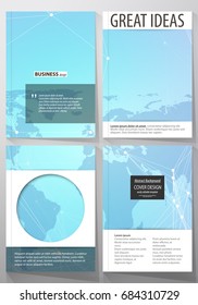 The vector illustration of editable layout of four A4 format covers with the circle design templates for brochure, magazine, flyer. Polygonal texture. Global connections, futuristic geometric concept.