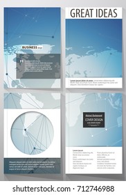 The vector illustration of editable layout of four A4 format covers with the circle design templates for brochure, magazine, flyer. Polygonal geometric linear texture. Global network, dig data concept