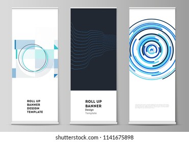 The vector illustration of the editable layout of roll up banner stands, vertical flyers, flags design business templates with simple geometric background made from dots, circles.