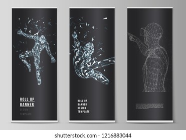 The vector illustration of the editable layout of roll up banner stands, vertical flyers, flags design business templates. Man with glasses of virtual reality. Abstract vr, future technology concept.