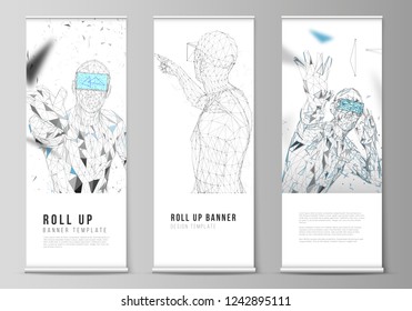 The vector illustration of the editable layout of roll up banner stands, vertical flyers, flags design business templates. Man with glasses of virtual reality. Abstract vr, future technology concept.