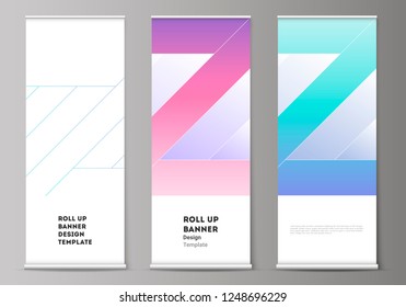 The vector illustration of the editable layout of roll up banner stands, vertical flyers, flags design business templates. Creative modern cover concept, colorful background.