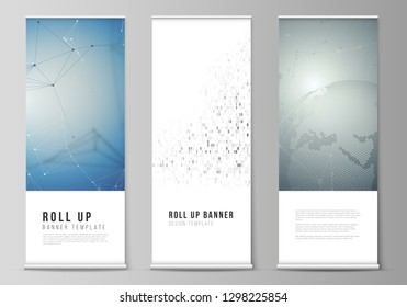 The vector illustration of the editable layout of roll up banner stands, vertical flyers, flags design business templates. Technology, science, future concept abstract futuristic backgrounds.