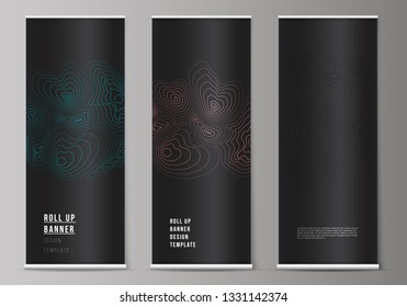 The vector illustration of the editable layout of roll up banner stands, vertical flyers, flags design business templates. Topographic contour map, abstract monochrome background.