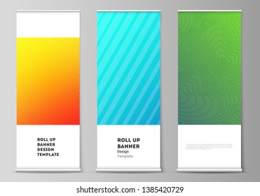 The vector illustration of the editable layout of roll up banner stands, vertical flyers, flags design business templates. Abstract geometric pattern with colorful gradient business background.