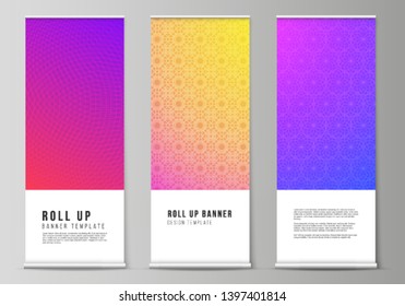 The vector illustration of the editable layout of roll up banner stands, vertical flyers, flags design business templates. Abstract geometric pattern with colorful gradient business background