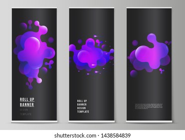 The vector illustration of the editable layout of roll up banner stands, vertical flyers, flags design business templates. Black background with fluid gradient, liquid blue colored geometric element.