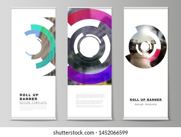Vector illustration editable layout of roll up banner stands, vertical flyers, flags design business templates. Futuristic design circular pattern, circle elements forming geometric frame for photo