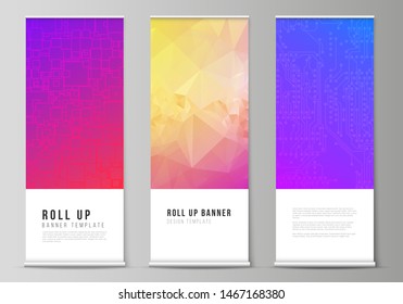 The vector illustration of the editable layout of roll up banner stands, vertical flyers, flags design business templates. Abstract geometric pattern with colorful gradient business background.