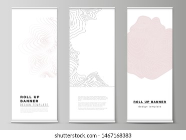 The vector illustration of the editable layout of roll up banner stands, vertical flyers, flags design business templates. Topographic contour map, abstract monochrome background.