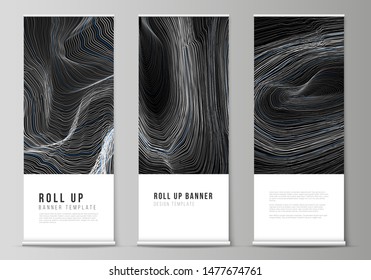 The vector illustration of the editable layout of roll up banner stands, vertical flyers, flags design business templates. Smooth smoke wave, hi-tech concept black color techno background.