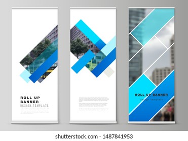 The vector illustration of the editable layout of roll up banner stands, vertical flyers, flags design business templates. Abstract geometric pattern creative modern blue background with rectangles.