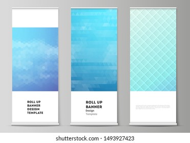The vector illustration of the editable layout of roll up banner stands, vertical flyers, flags design business templates. Abstract geometric pattern with colorful gradient business background.
