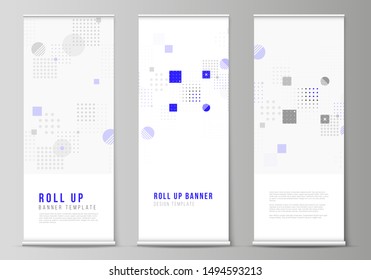 The vector illustration of the editable layout of roll up banner stands, vertical flyers, flags design business templates. Abstract vector background with fluid geometric shapes.