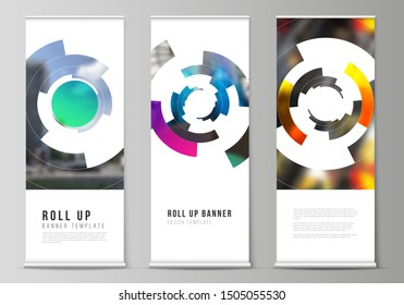 Vector illustration editable layout of roll up banner stands, vertical flyers, flags design business templates. Futuristic design circular pattern, circle elements forming geometric frame for photo