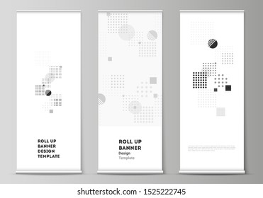 The vector illustration of the editable layout of roll up banner stands, vertical flyers, flags design business templates. Abstract vector background with fluid geometric shapes.