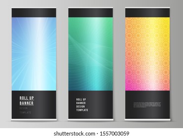 The vector illustration of the editable layout of roll up banner stands, vertical flyers, flags design business templates. Abstract geometric pattern with colorful gradient business background.