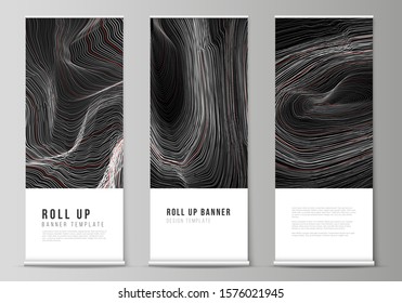 The vector illustration of the editable layout of roll up banner stands, vertical flyers, flags design business templates. 3D grid surface, wavy vector background with ripple effect.