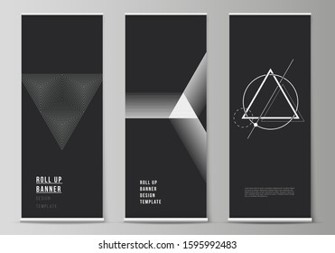 The vector illustration of the editable layout of roll up banner stands, vertical flyers, flags design business templates. Abstract geometric triangle design background using triangular style patterns