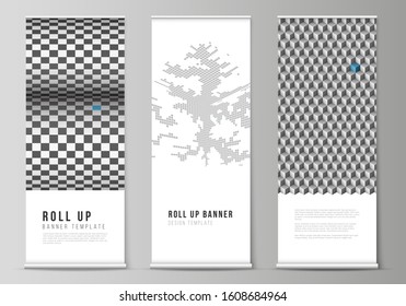 The vector illustration of the editable layout of roll up banner stands, vertical flyers, flags design business templates. Abstract big data visualization concept backgrounds with cubes.