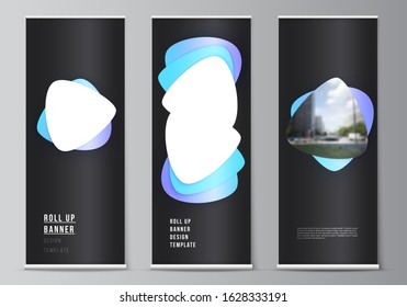 Vector illustration of the editable layout of roll up banner stands, vertical flyers, flags design business templates. Blue color gradient abstract dynamic shapes, colorful geometric template design.