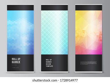 The vector illustration of the editable layout of roll up banner stands, vertical flyers, flags design business templates. Abstract geometric pattern with colorful gradient business background