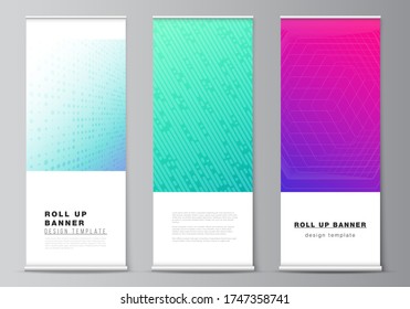The vector illustration of the editable layout of roll up banner stands, vertical flyers, flags design business templates. Abstract geometric pattern with colorful gradient business background.