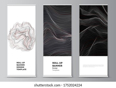 The vector illustration of the editable layout of roll up banner stands, vertical flyers, flags design business templates. 3D grid surface, wavy vector background with ripple effect