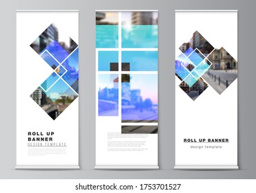 Ilustración vectorial de la disposición editable de los soportes de banner de enrollamiento, volantes verticales, banderas de diseño de plantillas de negocio. Mockups creativas de estilo moderno, fondos de diseño de color azul.