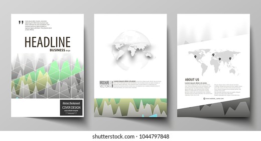 The vector illustration of the editable layout of three A4 format modern covers design templates for brochure, magazine, flyer, booklet. Rows of colored diagram with peaks of different height.