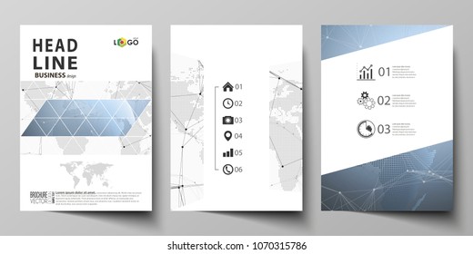 The vector illustration of editable layout of three A4 format modern covers design templates for brochure, magazine, flyer, booklet. World globe on blue. Global network connections, lines and dots.