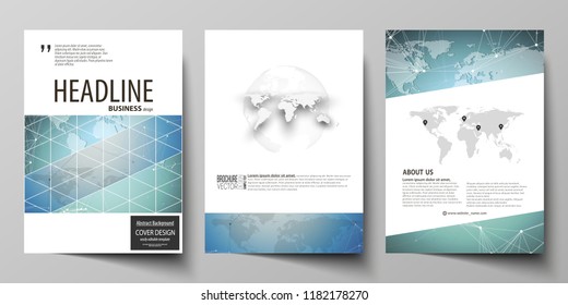 The vector illustration of the editable layout of three A4 format modern covers design templates for brochure, magazine, flyer, booklet. Chemistry pattern, connecting lines and dots. Medical concept.