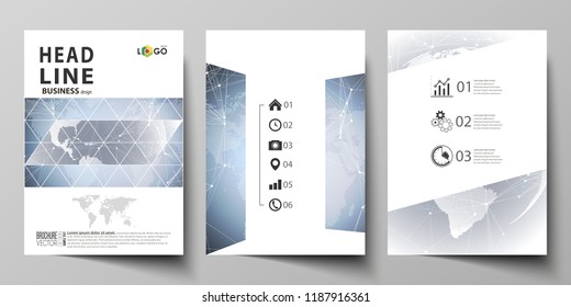 The vector illustration of the editable layout of three A4 format modern covers design templates for brochure, magazine, flyer, booklet. Abstract futuristic network shapes. High tech background.