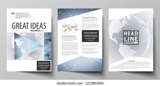 The vector illustration of the editable layout of three A4 format modern covers design templates for brochure, magazine, flyer, booklet. Technology concept. Molecule structure, connecting background.