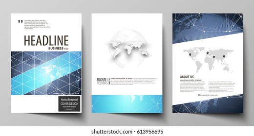 The vector illustration of the editable layout of three A4 format modern covers design templates for brochure, magazine, flyer, booklet. Abstract global design. Chemistry pattern, molecule structure
