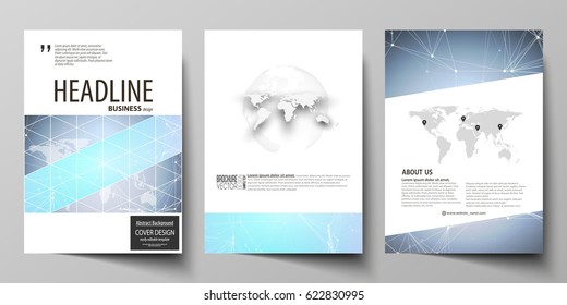 The vector illustration of editable layout of three A4 format modern covers design templates for brochure, magazine, flyer, booklet. Polygonal texture. Global connections, futuristic geometric concept