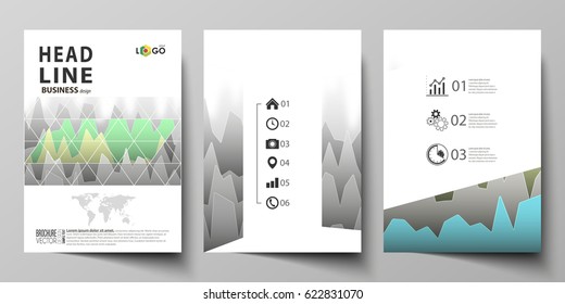 The vector illustration of the editable layout of three A4 format modern covers design templates for brochure, magazine, flyer, booklet. Rows of colored diagram with peaks of different height.