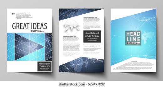 The vector illustration of the editable layout of three A4 format modern covers design templates for brochure, magazine, flyer, booklet. Abstract global design. Chemistry pattern, molecule structure.