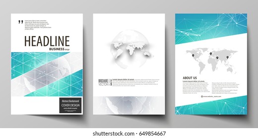 The vector illustration of editable layout of three A4 format modern covers design templates for brochure, magazine, flyer, booklet. Chemistry pattern. Molecule structure. Medical, science background.