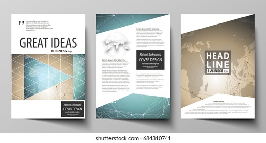 The vector illustration of the editable layout of three A4 format modern covers design templates for brochure, magazine, flyer, booklet. Chemistry pattern with molecule structure. Medical DNA research