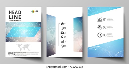 The vector illustration of editable layout of three A4 format modern covers design templates for brochure, magazine, flyer, booklet. Molecule structure. Science, technology concept. Polygonal design.