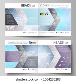 The Vector Illustration Of The Editable Layout Of Two Covers Templates For Square Design Bi Fold Brochure, Magazine, Flyer, Booklet. Polygonal Texture. Global Connections, Futuristic Geometric Concept