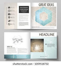 The vector illustration of the editable layout of two covers templates for square design bi fold brochure, magazine, flyer, booklet. Chemistry pattern with molecule structure. Medical DNA research.