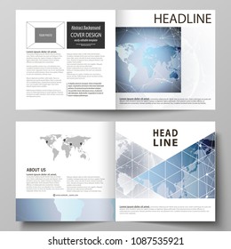 The vector illustration of the editable layout of two covers templates for square design bi fold brochure, magazine, flyer, booklet. Technology concept. Molecule structure, connecting background.