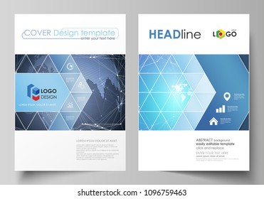 The vector illustration of the editable layout of two A4 format covers with triangles design templates for brochure, flyer, booklet. Abstract global design. Chemistry pattern, molecule structure.