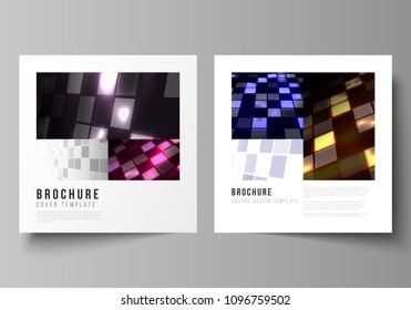 Vector illustration of editable layout of two covers templates for square design brochure, magazine, flyer, booklet. Abstract hi-tech background in perspective. Futuristic digital technology backdrop.