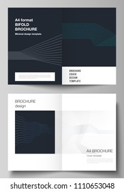 The vector illustration of the editable layout of two A4 format cover mockups design templates with geometric background made from dots, waves rectangles for bifold brochure, magazine, flyer, report.